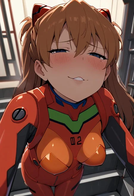 1girl, solo, Asuka Langley, plug suit, interface headset, medium breasts, closeup, foreshortening, depth of field, incoming kiss, half-closed eyes, blush, full lips, lip gloss, smug grin, hand on own chest, indoors, metal staircase, artificial lighting, ship interior