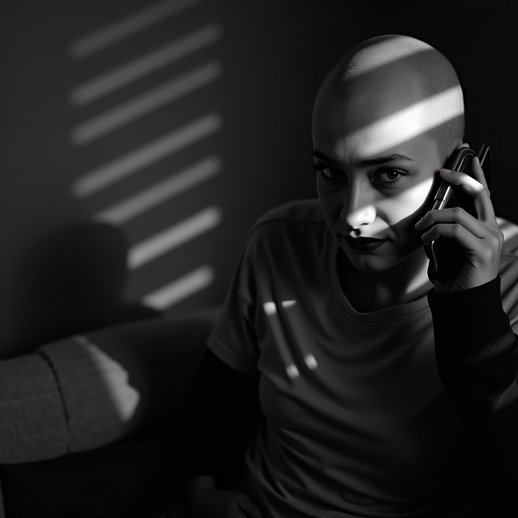 <lora:casting shadows style v1:1>
cucoloris,  light modifier, casting shadows, A cucoloris patterned illumination casting a diagonal shadows on a woman sitting on a bed with a phone, solo, looking at viewer, gloves, 1boy, sitting, monochrome, greyscale, male focus, indoors, bald, cinematic, film, filmic, casting shadow, venetian blinds casting shadow light, shadow on face, face partially covered in shadow, different shadow, window casting shadow light, cinematography, detailed, detailed background, detailed face, high quality, 8k, cuculoris, kookaloris, cookaloris or cucalorus, light modifier, different light pattern, creative light, unique shadow, casting shadow style, a scene from film noir movie, holding, facial hair, blurry, mask, realistic