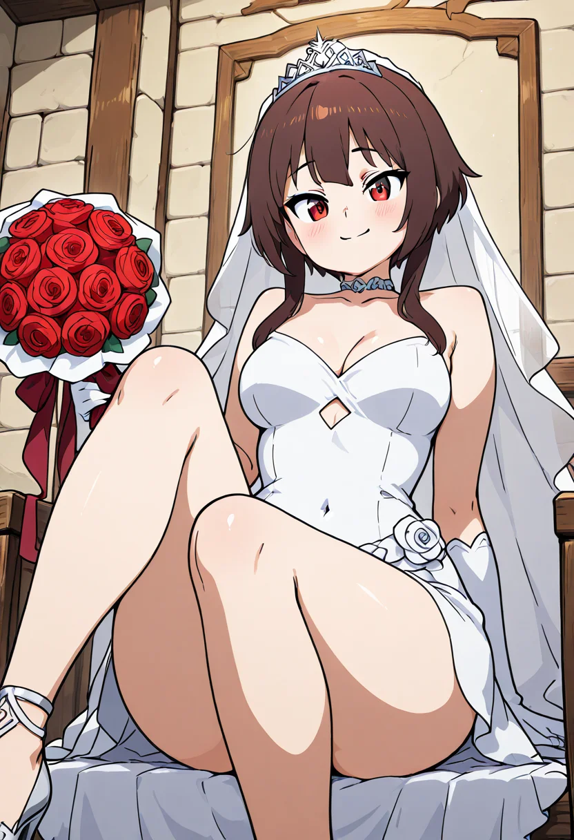 masterpiece, best quality, solo, curvy, beautiful eyes, narrow waist, wide hips, 1girl, solo, smile, looking at viewer, dynamic angle, foreshortening, close up,    zzMegu, red eyes, short hair, brown hair, short hair with long locks,   ,<lora:MeguminKonosubaCSV_IXL_v1:1.0>,  large breasts, [Elegant Classical Idol], <lora:LoveLiveSchoolIdolFestivalAllStarsNAI:0.5>, flowing white satin gown with silver lace detailing, delicate crystal tiara in her hair, matching silver heels, long satin gloves, minimal makeup with soft pink blush, gracefully holding a bouquet of roses, performing a delicate ballet routine on an ornate stage,