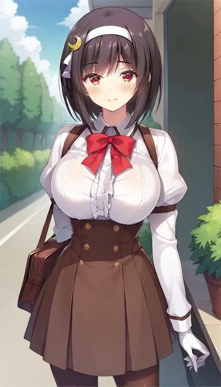score_9,score_8_up,score_7_up,score_6_up BREAK official art,solo,outdoors,cowboy shot,looking at viewer,facing viewer,smile,blush,Takahashi Yuuka,medium hair,black hair,crescent hair ornament,white hairband,hair ribbon,white ribbon,bangs,red eyes,school uniform,suspender dress,brown dress,short dress,frilled dress,buttons,red bowtie,white shirt,collared shirt,center frills,long sleeves,puffy sleeves,juliet sleeves,white gloves,large breasts,underbust,pleated skirt,brown pantyhose,loafers,<lora:Takahashi Yuuka(fyps)-Pony:1.4>,