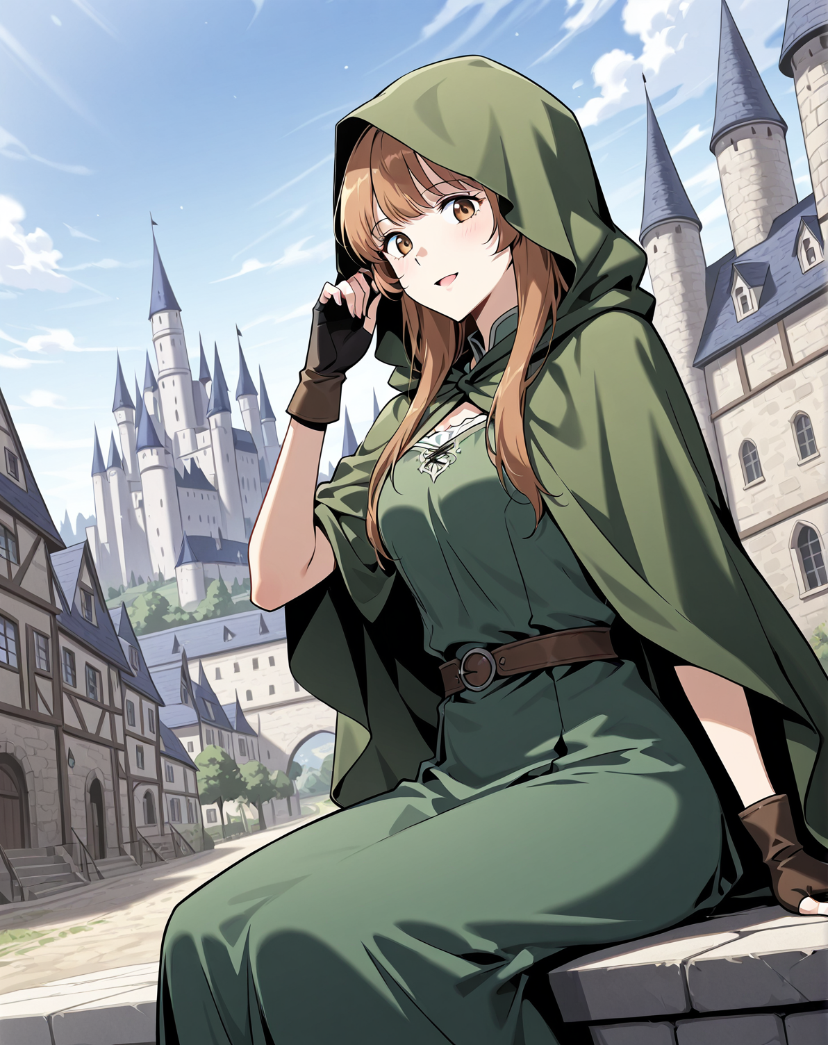 <lora:Demera illumi:1>
1 girl, solo, long hair, brown hair, bangs, brown eyes
green dress, bracelete, hood, hood up, cloak, hooded cloak, fingerless gloves
score_9, score_8_up, score_7_up, very aesthetic, source_anime, detailed, high quality, beautiful, masterpiece, detailed eyes, castle, village, blurry background, cityscape, pose dynamic angle, light smile, open mouth, hand on hair, sitting