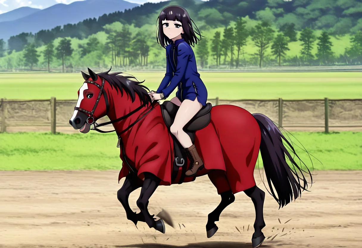 masterpiece, best quality, absurdres, detailed skin, detailed eyes, anime colored, anime screencap,
<lora:Suzushiro_Hatsuka_IL-000008:0.8>, 1 boy, femboy, Suzushiro Hatsuka, black hair, black eyes, looking at viewer, jacket, zipper, bare legs, boots,
<lora:Riding_horse_with_Caparison_IL:0.8>, ((colorful horsewithcaparison)), riding, horseback riding,
from side, outdoors,