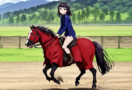 masterpiece, best quality, absurdres, detailed skin, detailed eyes, anime colored, anime screencap,
<lora:Suzushiro_Hatsuka_IL-000008:0.8>, 1 boy, femboy, Suzushiro Hatsuka, black hair, black eyes, looking at viewer, jacket, zipper, bare legs, boots,
<lora:Riding_horse_with_Caparison_IL:0.8>, ((colorful horsewithcaparison)), riding, horseback riding,
from side, outdoors,
