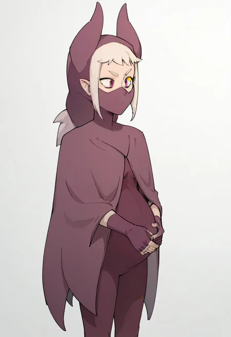 score_9, score_8_up, score_7_up,  1girl, solo, pregnant, norawakfu, white hair, purple eyes, hood, horns, hood, horns, cloak, fingerless elbow gloves, bodysuit, cape, mask, standing, holding belly, white background,