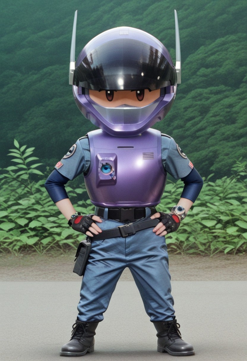 (CHIBI_ONLY:1.2), (solo:1.2), (1girl:1.2), cowboy shot , 
  BREAK, looking viewer, 
 purple_turtleneck, helmet, closed_visor, purple_armor removed, fingerless_gloves, uniform_shirt, blue_sleeves, belt, Uniform_pants, hands on hips, boots, watches, fullbody, short stature,  oversized head, big head, large head, thin body, small body,
nature background