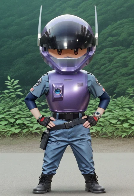 (CHIBI_ONLY:1.2), (solo:1.2), (1girl:1.2), cowboy shot ,
BREAK, looking viewer,
purple_turtleneck, helmet, closed_visor, purple_armor removed, fingerless_gloves, uniform_shirt, blue_sleeves, belt, Uniform_pants, hands on hips, boots, watches, fullbody, short stature, oversized head, big head, large head, thin body, small body,
nature background