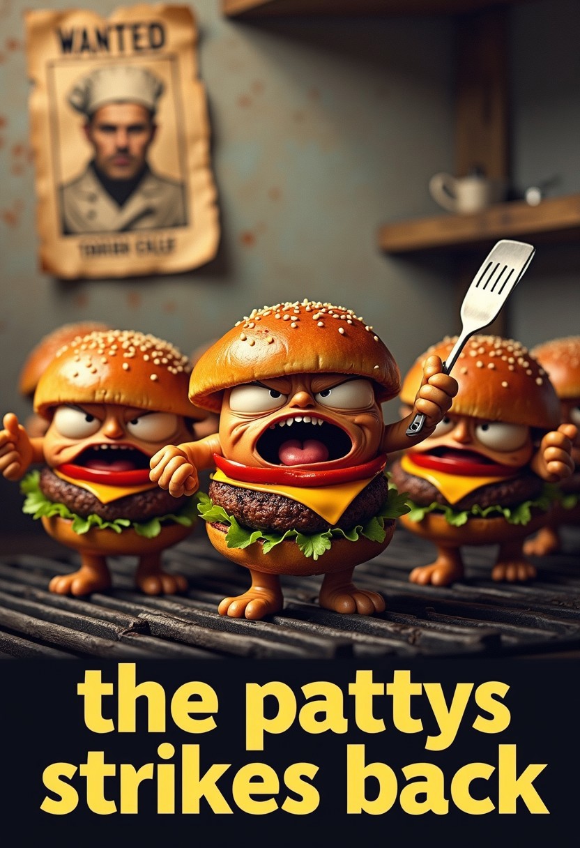 a group of burger pattys on a grill holding a spatula angrily and in agitation. In the background on the wall is a wanted poster with a chef on it. The text: "The pattys strikes back" is prominently shown on the bottom of the image