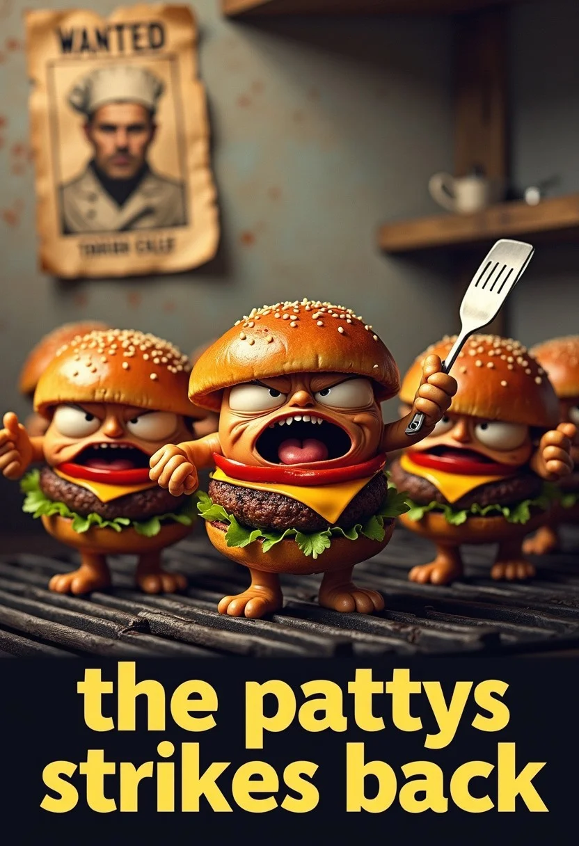 a group of burger pattys on a grill holding a spatula angrily and in agitation. In the background on the wall is a wanted poster with a chef on it. The text: "The pattys strikes back" is prominently shown on the bottom of the image