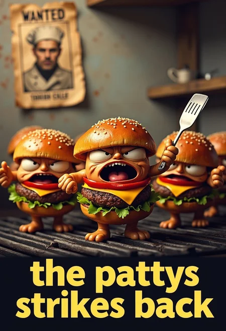 a group of burger pattys on a grill holding a spatula angrily and in agitation. In the background on the wall is a wanted poster with a chef on it. The text: "The pattys strikes back" is prominently shown on the bottom of the image