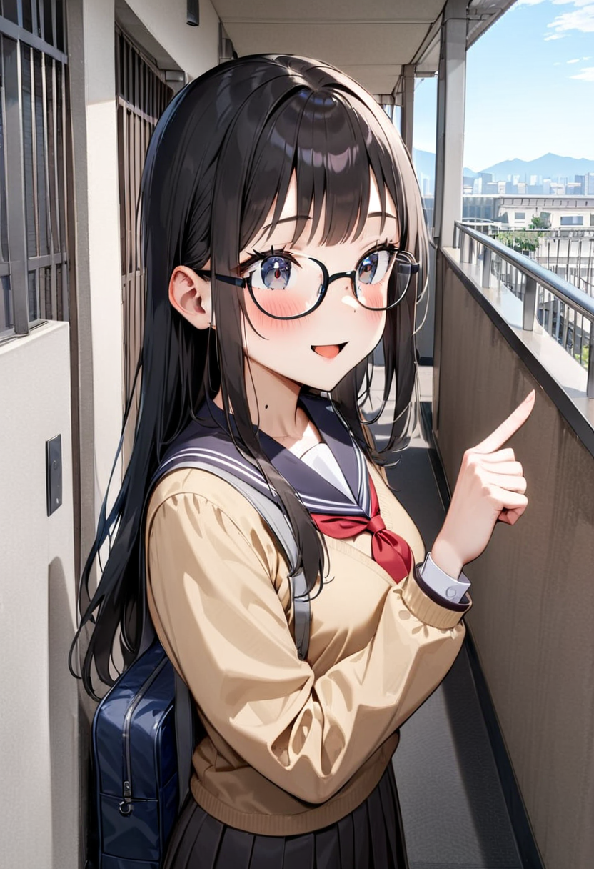 masterpiece, best quality, very aesthetic, absurdres,
1girl, glasses, black hair, long hair, school uniform, school bag, smile, blush, pointing at another, solo focus,
rouka, hallway, scenery, window, building, day, sky, door, outdoors, blue sky, cityscape, city, real world location, 
 <lora:JProuka_apartment_hallway_SDXL_V1:1>