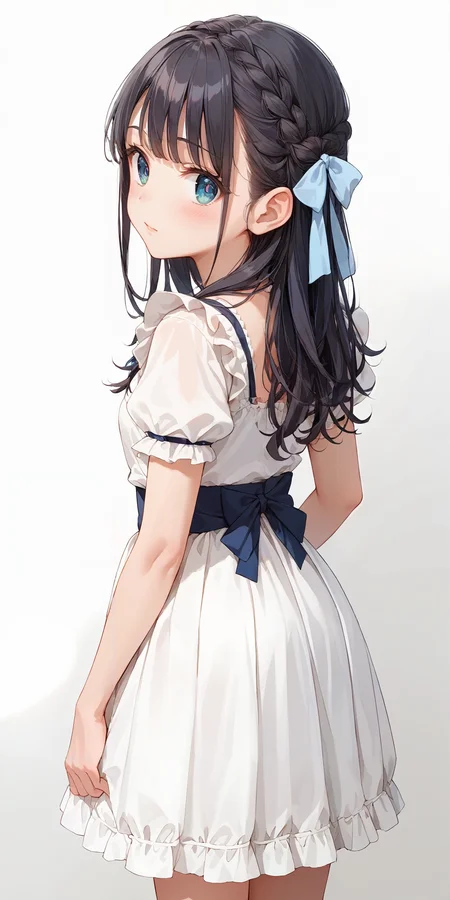 score_9, score_8_up, score_7_up,source_anime, high res image,masterpiece,best quality,girl,cute face,clear skin,shiny hair,ultra detailed eyes,simple background, <lora:half up braid_pony_V1.0:0.8> half up braid,ribbon,from behind , long hair<lora:gothic dress_Pony_V1.0:0.8> jyojifuku, dress, frills, hair bow