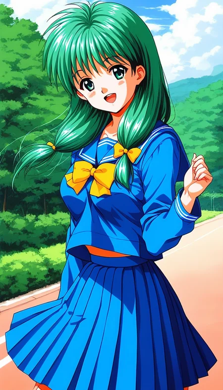 score_9, score_8_up, score_7_up, source_anime, rating_explicit, BREAK  <lora:Kisaragi_Mio_XL:1> Kisaragi_Mio, long hair,  green hair, no glasses,  green eyes, hair over shoulder, low-tied long hair,  medium breasts,
1990s \(style\), 1girl, solo, school uniform, blue serafuku, open mouth, looking at viewer, long sleeves, skirt, bow,
 blue skirt, sailor collar, yellow bow, smile, blue sailor collar, pleated skirt, shirt, blue shirt, 
outdoor, day, sky,