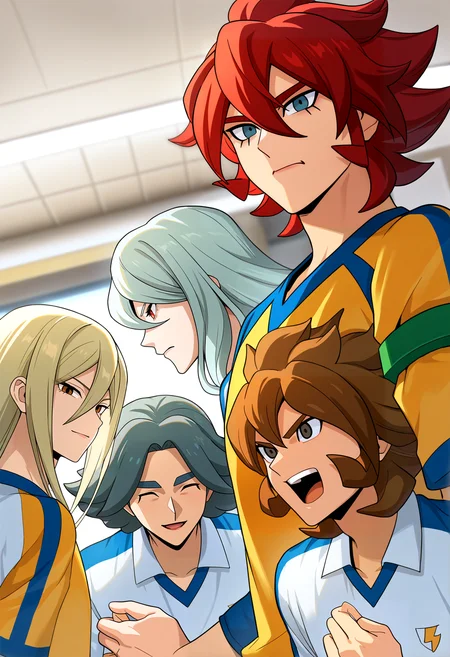 very awa, masterpiece, best quality, year 2024, newest, highres, absurdres, <lora:age_slider_v4:3> <lora:thicc_v1.4-pony:1.2>,detailed_background,indoors,multiple boys,eisei gakuen,zeus \(inazuma eleven\),blonde hair,long hair,raimon,raimon soccer uniform,pink hair,inazuma eleven ares no tenbin,highres,upper body,inazuma eleven \(series\),dolustoy,afuro terumi,white shirt,brown eyes,hakuren,5boys,red eyes,aqua eyes,red hair,michinari tatsumi,grey eyes,male focus,sportswear,mikage sennou,shirt,grey shirt,kiyama hiroto,open mouth,fubuki shirou,soccer uniform,light blush,shimozuru arata,yellow shirt,green armband,grey hair,brown hair,armband,closed eyes