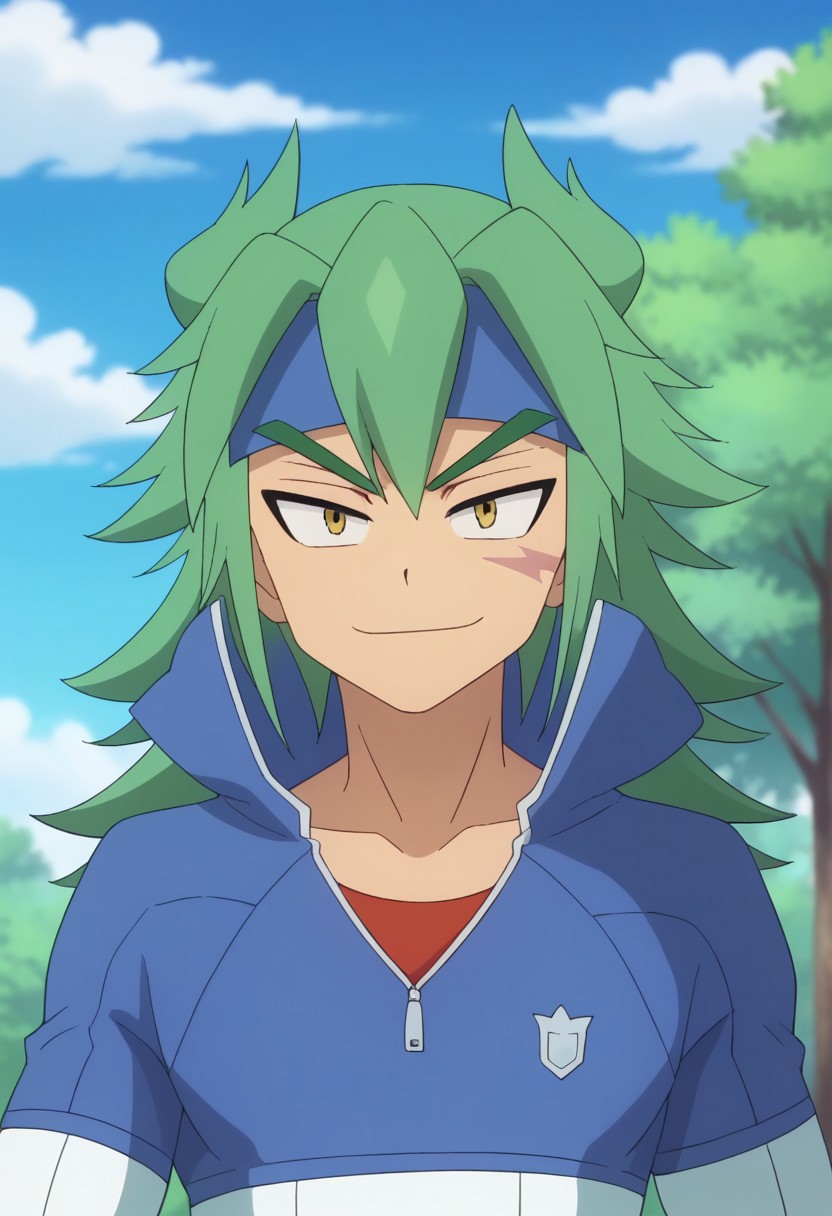 score_9, score_8_up, score_7_up, source_anime, highly detailed, 
masato, 1boy, male focus, solo, yellow eyes, green hair, long hair, headband, blue headband, scar, shirt, red shirt, jacket, high collar, blue jacket, white jacket, multicolored jacket, upper body, smile,
outdoor, sky, cloud, tree