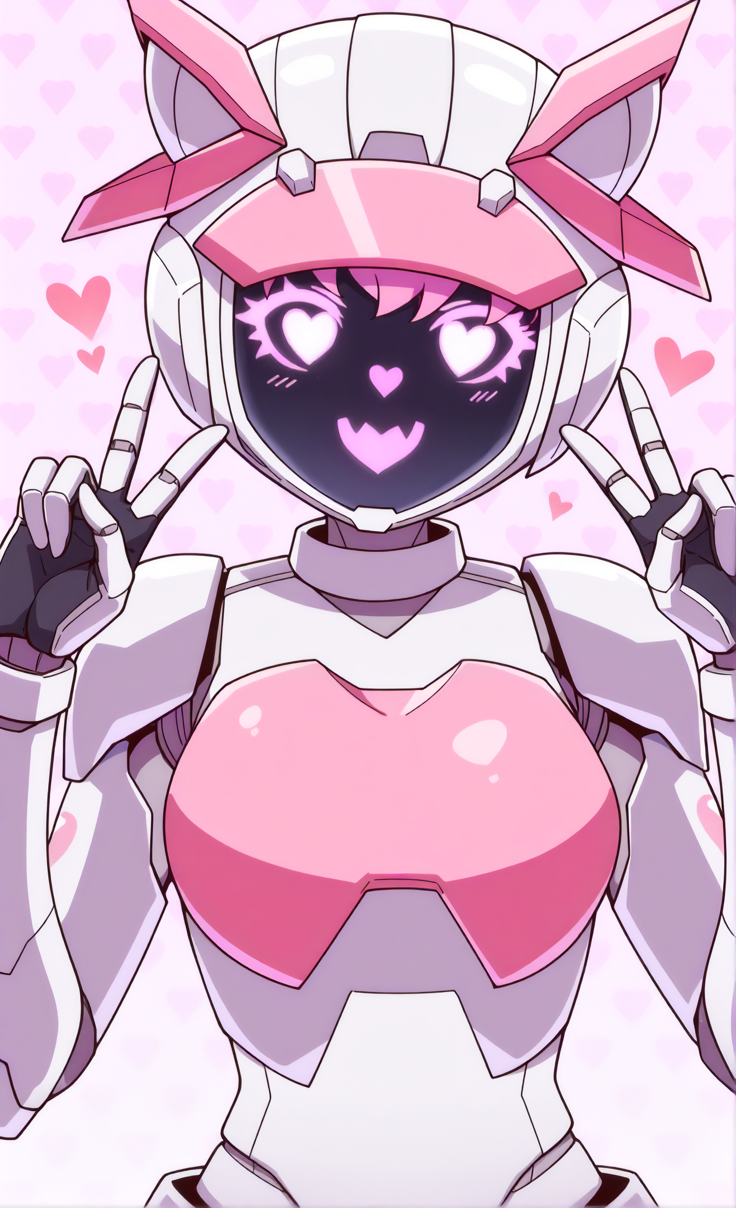 masterpiece, sharp detail, intricate detail, 1girl,  <lora:To be hero X - LoliX:0.8>, lolix \(to be hero x\), mecha musume, upper body, double v, heart background, helmet,