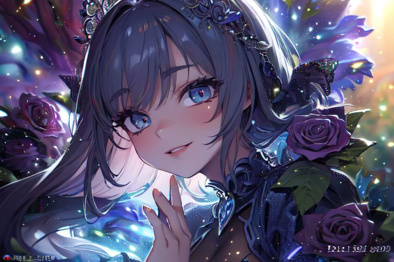 (masterpiece:1.4), 4K8K, (anime style), (high shutterspeed:1.4), (sharp edges), 
SyFyEye1, FanFo, 
1woman  hands togather,  leaning foward, face focus, smile, closed mouth, 
wearing Celtic style dress, (Detailed face, Detailed eyes, Detailed lips), (solo), 
any colored roses, Fantastic Forest at fantasy night,