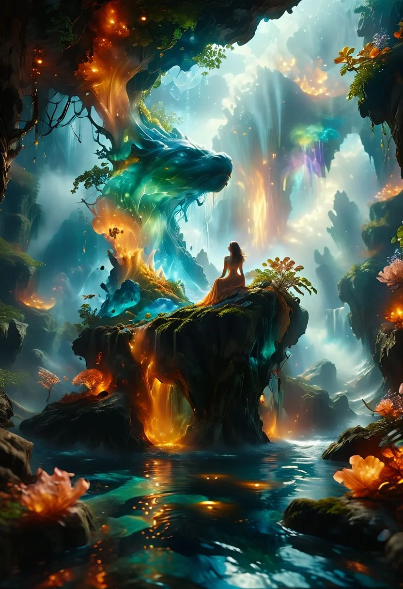 beautiful (transparent liquid being made of clear flowing glacial water:1.2) with hair (made of billowing clouds with lightning sparks:1.14), (magical fantasy water elemental with caustics in a see-through:1.24) feminine form, glowing bioluminescent skin, (wearing smoldering fiery translucent sheer flame:1.2) fabric with (hanging olivine crystal jewelry gemstones, dynamic pose, hovering:1.14) in a fantastical underground (mossy cave dimension with lush shrubs vegetation), floating rock formations in zero gravity, ral-fntsyrlms, prismatic spectrum color grading, moody misty atmospherics, 4k, highres, best quality, dramatic, cinematic, epic, pantone analogue style, (concept art, digital art, realistic, professional masterpiece, dynamic, (full body view, convex spherical vision, curvilinear perspective), establishing panning shot, low depth of field, tilt shift, iris blur, bokeh, sharp clarity:1.2), chromatic aberration, fine intricate details, warm dappled soft lighting, volumetric lighting, detailed highlights, backlight illumination, rim lighting, dvr-lnds-sdxl, low-key