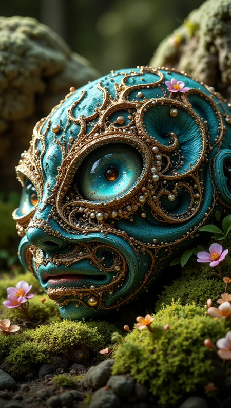 masterpiece, 4k, 8k, sharp, a intricate representation of a smoth surface with moss made of planet. There are pearl that are gems and embedded inside of the crown, the light is cinematic during day in a pleasant nature setting.
detailmaximizer, Midjourney_Whisper <lora:[Flux1]_flux_vividizer:0.3> <lora:[Flux1]_scenery_lora_comfy_converted:0.2> <lora:[Flux1]_Opal_Fantasy_Flux:0.5> <lora:[Flux1]_aidmaPsychadelicChaosWorld-FLUX-v0.1:0.3> <lora:[Flux1]_aidmaImageUpgrader-FLUX-V0.1:0.1> <lora:[Flux1]_midjourney_whisper_flux_lora_v01:0.1> <lora:[Flux1]_SXZ_Nixeu_Flux:0.5>