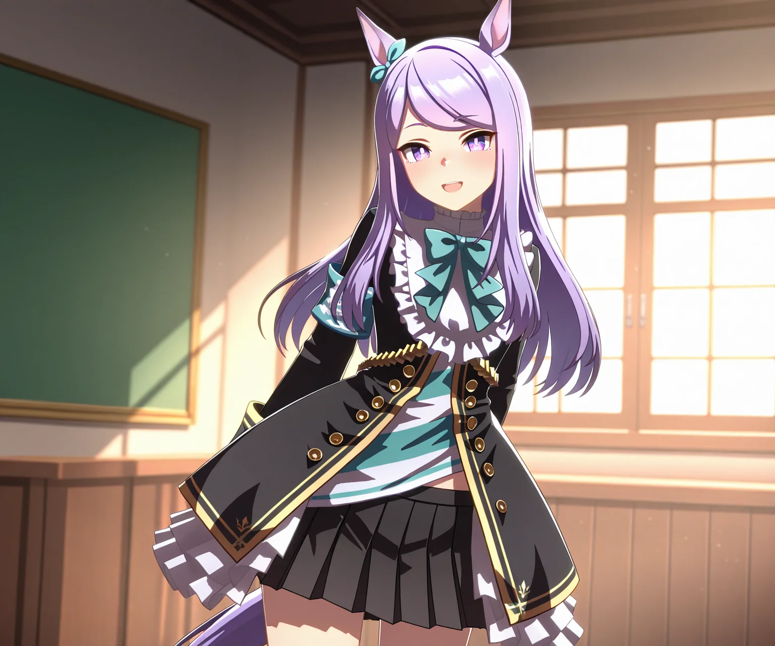 masterpiece, best quality, amazing quality, , 1girl, solo, looking at viewer, cowboy shot, smile, open mouth, <lora:Mejiro Mcqueen in game style 3D ILL-v2:1> ummsmingame, 3d, mejiro mcqueen (umamusume), black skirt