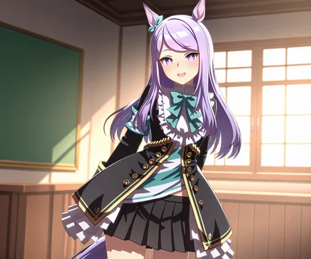 masterpiece, best quality, amazing quality, , 1girl, solo, looking at viewer, cowboy shot, smile, open mouth, <lora:Mejiro Mcqueen in game style 3D ILL-v2:1> ummsmingame, 3d, mejiro mcqueen (umamusume), black skirt