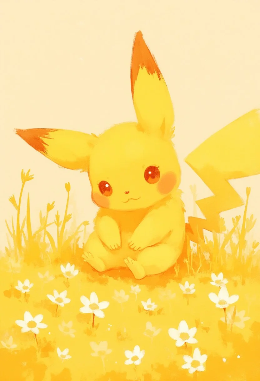 Cute chubby Pikachu in the grass with small white flowers,soft pastel anime