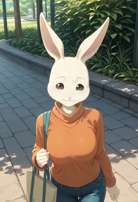 masterpiece, best quality, amazing quality, very aesthetic, absurdres, newest,  high quality, detailed, solo female, Haru, 1girl, mature female, female, anthro, white rabbit, animal ears, black eyes, light cream-colored fur, orange turtleneck, blue jeans, standing, outdoors, looking at viewer, smiling, holding bag, park