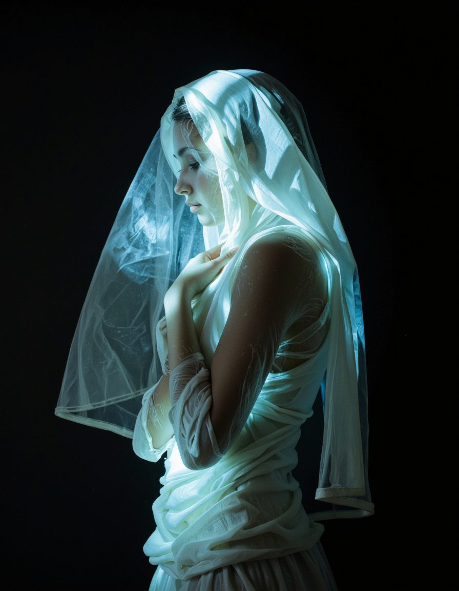 upper body image of a person enveloped in a shroud-like material, appears to be merging with the air around them, high contrast between the dark background and the bright, glowing texture of the material to give a feeling of emergence or transformation, shades to enhance the mysterious and intense atmosphere.