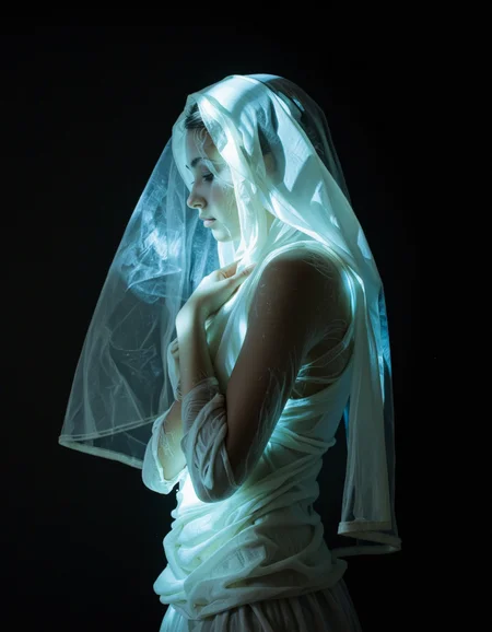 upper body image of a person enveloped in a shroud-like material, appears to be merging with the air around them, high contrast between the dark background and the bright, glowing texture of the material to give a feeling of emergence or transformation, shades to enhance the mysterious and intense atmosphere.