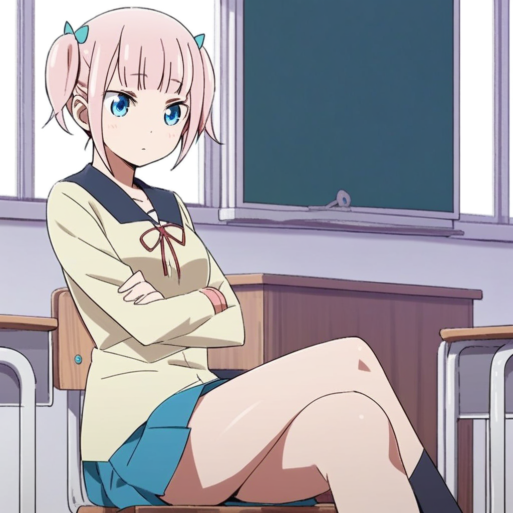 score_9, solo, moeha_fujiwara, pink hair, short hair, twintails, blue eyes, school uniform, crossed legs, classroom