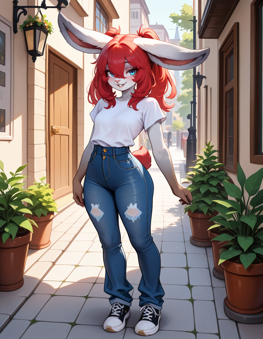masterpiece, best quality, very aesthetic, absurdres,
outdoors,
full body, standing, posing, 
casual, 
seductive smile, parted lips, long eyelashes,
<lora:Naili_v01_NAIXL:1>
Naili,1girl,solo,furry,furry female, rabbit girl, rabbit ears, red hair, twintails, bangs, hair between eyes, blue eyes, snout, animal nose, buck teeth, body fur, white fur, rabbit tail,