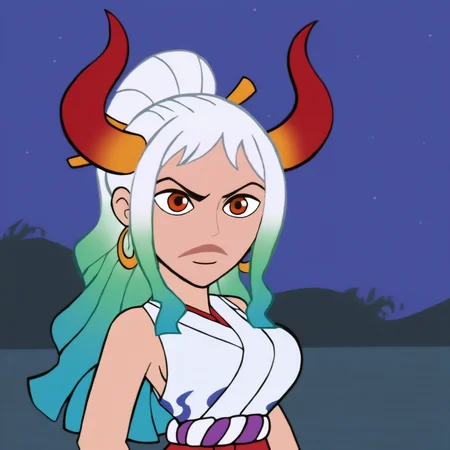 <lora:Kim_Possible_Style_6c_Illustrious_aon:1> kmstyle, masterpiece, best quality, outdoors, night, dark, looking at viewer, closed mouth, 1girl, solo, yamato \(one piece\), curled horns, red horns, multicolored horns, orange eyes, white hair, green hair, long hair, multicolored hair, aqua hair, gradient hair, blue hair, sidelocks, ponytail, high ponytail, hair stick, large breasts, sleeveless kimono, bare shoulders, hoop earrings, earrings, shimenawa, toned