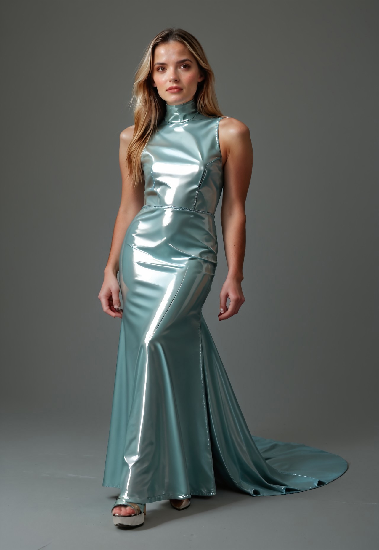 safe_pos, safe_pos, score_9, score_8_up, score_7_up, score_6_up, score_5_up, score_4_up, 1girl, full body view of leu_hanna_1, grey formal dress,  covered neck, blonde hair, brown eyes, long hair, medium breast, turquoise formal dress, shiny latex dress, white stockings, wearingsilver footwear, high heel mules, olz_highheelmule2