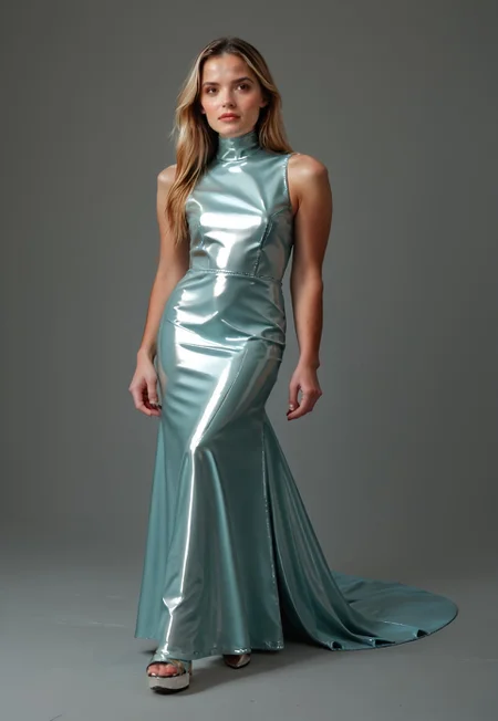 safe_pos, safe_pos, score_9, score_8_up, score_7_up, score_6_up, score_5_up, score_4_up, 1girl, full body view of leu_hanna_1, grey formal dress, covered neck, blonde hair, brown eyes, long hair, medium breast, turquoise formal dress, shiny latex dress, white stockings, wearingsilver footwear, high heel mules, olz_highheelmule2