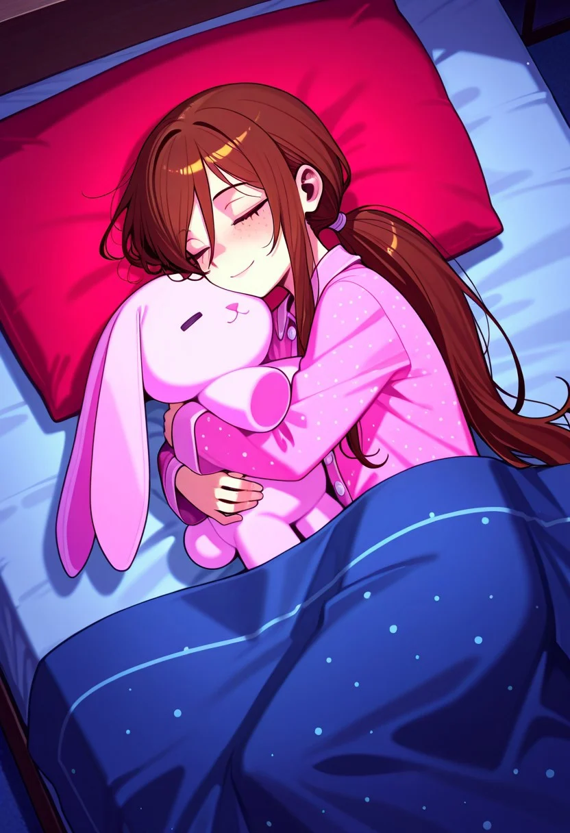 masterpiece, best quality, absurdres, anime screenshot, 1girl, solo, female focus, Carol_CTO, freckles, brown hair, asymmetrical bangs, long bangs, bangs between eyes, sidelocks, very long hair, ponytail, low ponytail, ponytail holder, CTO_def, pajamas, pink pajamas, polkadot print, collared shirt, button-up shirt, white buttons, sleeping, under covers, blue sheets, blue blanket, bed, pillow, red pillow, bunbun, holding stuffed toy, stuffed bunny, hug, eyes closed, dark, night, from above, smile, (on side:0.25)