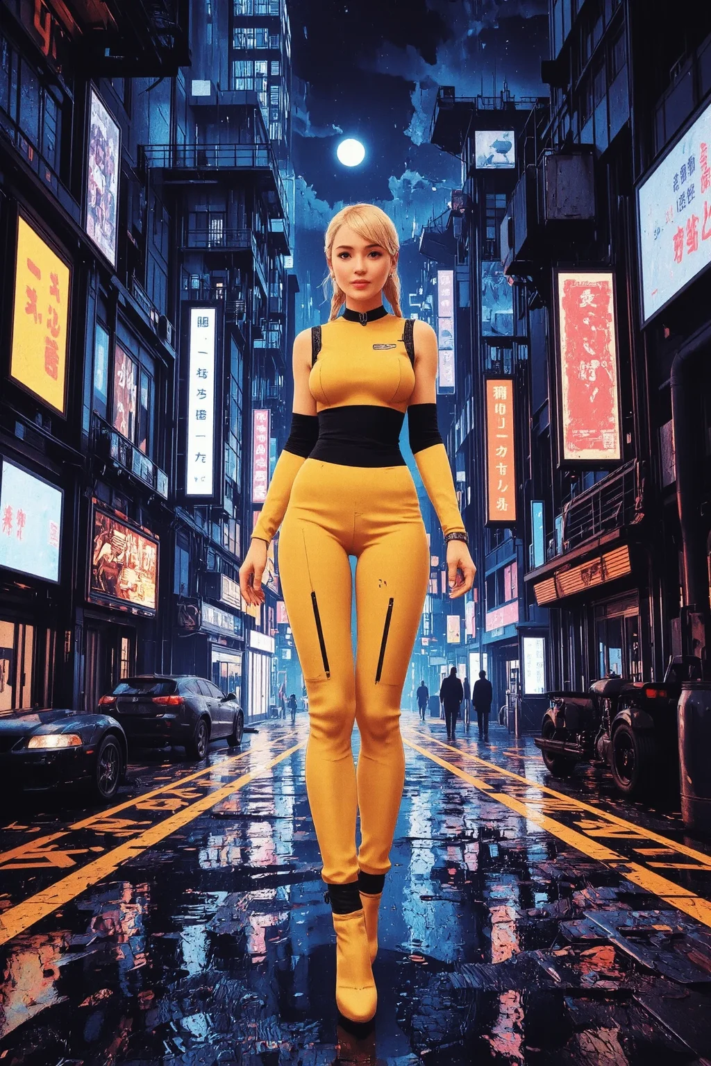 fishtail braid honey blonde hair young cyberpunk woman, anime, illustration, cyberpunk, futuristic, extremely detailed, portrait, standing, happy smile, beautiful cyberpunk tokyo buildings landscape, wet floor, windows, car, motorbike, moon in the sky, bright neon lights, screen holograms, kanjis, raytracing, hdr, high contrast, cinematic lights, backlight, reflections, legs, heels, sharp focus, luminous Yellow robot glossy brilliant armor, body lights, body circuits, glossy lipstick, necklace, tribal earrings, colorful, retrowave, shadows, vibrant colors, colorful, bright, pretty, beautiful, feminine, sexy, lovely, in love, adorable, fashion, <lora:Hand v2:1> <lora:Anti-Blur:2> <lora:Insane Detail Slider:0.5> <lora:flux.1_lora_flyway_Epic-detail_v2:0.3><lora:fluxenhancer:0.5> <lora:RetroAnimeFluxV1:0.3> <lora:CPA:0.6> <lora:Luminous_Shadowscape:0.3> <lora:Neon_Noir_FLUX:0.4> mad-neon-noir <lora:bv-cybstyenh-v1_rank16_bf16:0.3>