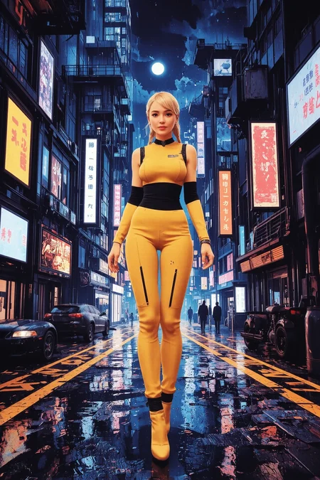 fishtail braid honey blonde hair young cyberpunk woman, anime, illustration, cyberpunk, futuristic, extremely detailed, portrait, standing, happy smile, beautiful cyberpunk tokyo buildings landscape, wet floor, windows, car, motorbike, moon in the sky, bright neon lights, screen holograms, kanjis, raytracing, hdr, high contrast, cinematic lights, backlight, reflections, legs, heels, sharp focus, luminous Yellow robot glossy brilliant armor, body lights, body circuits, glossy lipstick, necklace, tribal earrings, colorful, retrowave, shadows, vibrant colors, colorful, bright, pretty, beautiful, feminine, sexy, lovely, in love, adorable, fashion, <lora:Hand v2:1> <lora:Anti-Blur:2> <lora:Insane Detail Slider:0.5> <lora:flux.1_lora_flyway_Epic-detail_v2:0.3><lora:fluxenhancer:0.5> <lora:RetroAnimeFluxV1:0.3> <lora:CPA:0.6> <lora:Luminous_Shadowscape:0.3> <lora:Neon_Noir_FLUX:0.4> mad-neon-noir <lora:bv-cybstyenh-v1_rank16_bf16:0.3>