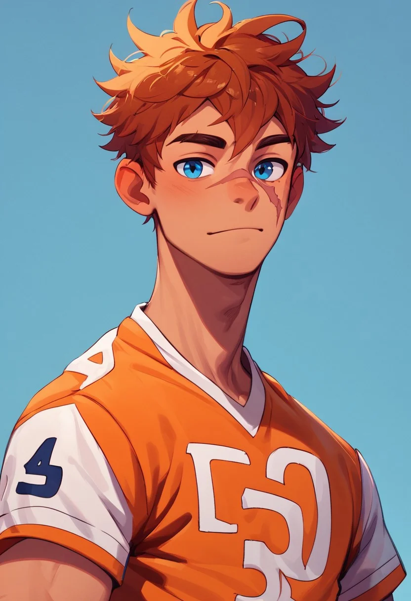 Gay, score_9,score_8_up,score_7_up, yaoi, 1boy, ((1boys, solo, slender, short auburn fluffy hair, blue eyes, scar on face, cheekbones, handsome, orange lacrosse jersey, lacrosse gloves, sunset)) ) male focus, BREAK