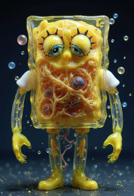 4byss, spongebob composed entirely of transparent tissues, revealing swirling cosmic debris flowing through its circulatory system
