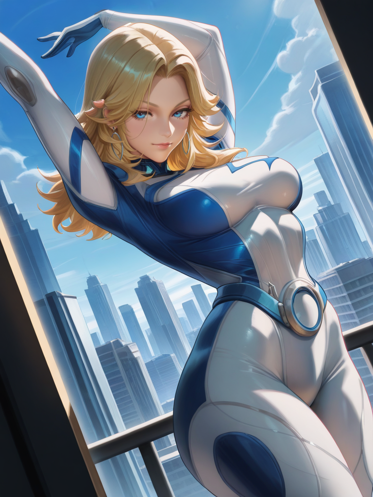 highres, hi res, best quality, masterpiece, intricate details, absurdres, 4k,,, cartoon,
1girl, blonde hair, blue eyes, earrings, bodysuit, gloves, (SueStormXL:1.1).
dynamic pose, cowboy shot, looking at away, sexy pose, city, looking at viewer, arms up, light smile, dutch angle, from side,,
<lora:ASueStorm_character-12:0.8>  <lora:Sakimichan_Illustrious:0.8> sk1m1ill,
