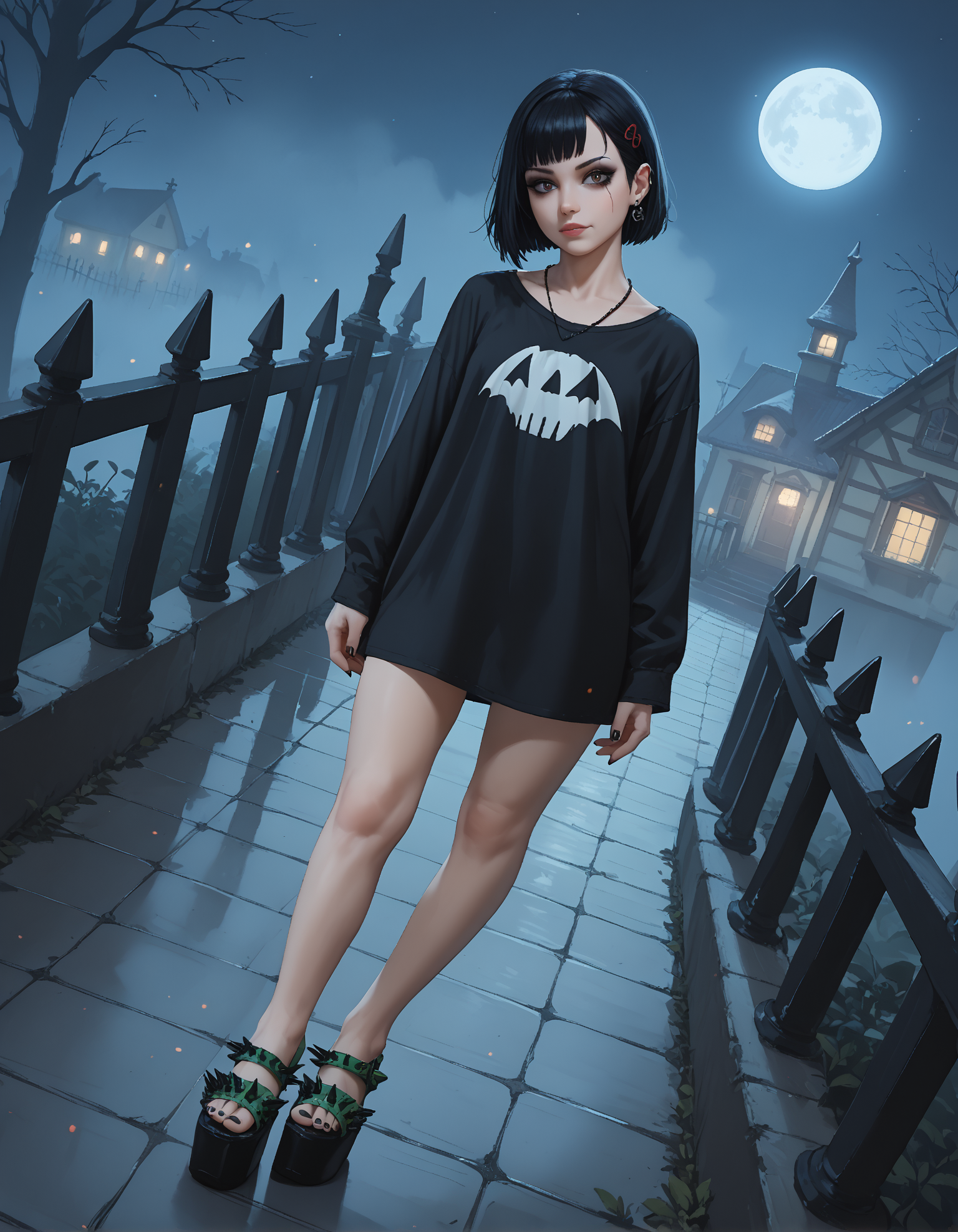 score_9, score_8_up, score_7_up, score_6_up, realistic,
wide angle, foot focus, (from side:0.8), (from above:1.2),
standing,
1girl, goth, 
sp1ke sandals, platform footwear,
halloween scene, fog, night,
black toenail polish,
embedding:zPDXLrl ,
embedding:zPDXL2 ,