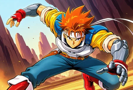 masterpiece, best quality, amazing quality, very aesthetic, absurdres, newest, 1boy, arthuffl3 with a cyborg arm, brown-orange hair, long white headband, blue shoulder pads, white breastplate, yellow shirt with rolled sleeves, blue jeans, belt with holster, red fingerless gloves, red boots, ((action pose)), close up, looking at viewer, cyborg arm, robot arm