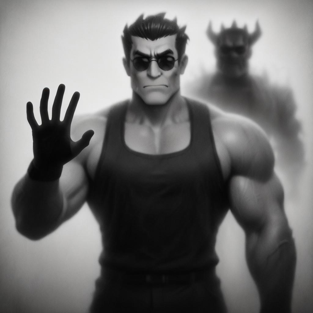 masterpiece, best quality, newest, absurdres, highres, 
IBWV1.0, silhouette, blurry, monochrome, window, glass, 
1boy, helltaker (helltaker), black hair, short hair, muscular, muscular male,
sunglasses,