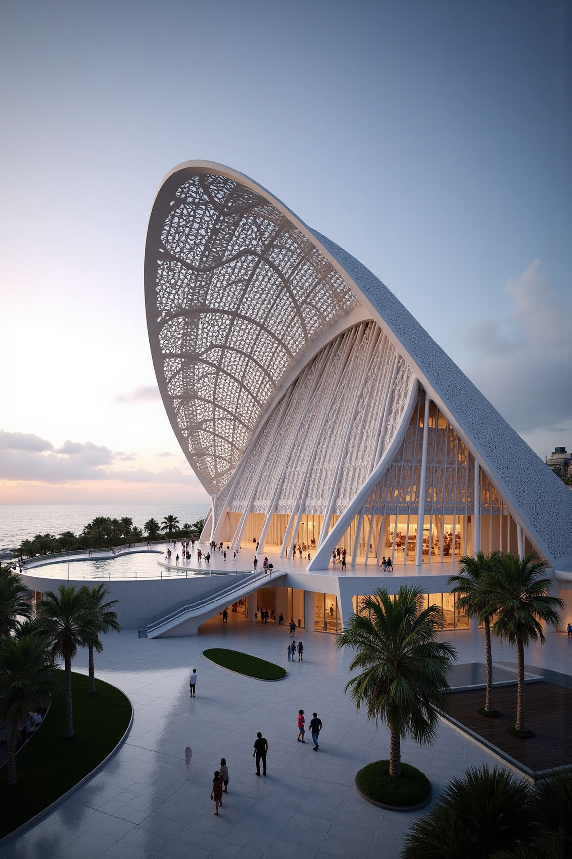 YFG-Sm0rg, Create an image of a modern museum building inspired by Santiago Calatrava's architectural style, situated in a scenic coastal area with a dramatic ocean backdrop.
The building should be a blend of steel and stone, with sweeping curves and majestic arches that evoke a sense of dynamism and fluidity. The exterior walls should feature intricate latticework patterns, reminiscent of gothic cathedrals, while the interior spaces are bright and airy, filled with natural light pouring in through floor-to-ceiling windows.
The museum's main façade should face the ocean, with a series of undulating arches that seem to dance across its surface. These arches should be supported by slender steel columns, which rise from the foundation like giant tentacles, as if embracing the structure above. The roof should curve in a majestic swoop, resembling the sweep of a bird's wing.
The oceanfront area surrounding the building should be lush and green, with palm trees swaying gently in the breeze. Visitors can stroll along a meandering pathway that weaves through this landscape, leading them to the museum's entrance. The pavement beneath their feet should be made of smooth, silver-gray stone, reflecting the light and creating an elegant visual contrast.
At dusk, the building's façade should be illuminated from within, casting a warm glow across the surrounding landscape. The latticework patterns on the exterior walls should become even more intricate and detailed as night falls, creating a mesmerizing display of lights and shadows.
In terms of specific architectural details:
* The main entrance should feature a grand staircase that curves upward in a majestic sweep, like a spiral shell.
* The museum's interior spaces should include an expansive atrium with a retractable roof, allowing natural light to flood in during the day.
* A sleek, modern walkway should connect the building to a nearby pedestrian bridge, spanning a tranquil canal that runs alongside it.
* The exterior walls should be adorned with abstract sculptures and public art installations that complement Calatrava's architectural style.
The overall atmosphere of this image should evoke a sense of wonder, curiosity, and connection to nature. It should capture the essence of Calatrava's innovative and poetic architecture, while also highlighting the beauty and majesty of its surroundings.