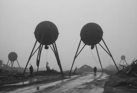 monochrome, black and white photo, old photo,blurry, low quality, old photo defects, world war 1, steam punk technology, automatons, battlefield, destroyed city,rubble, collapsed buildings, fires, artillery, Thick fog, strange shaped robots moving in the distance,massive machines in far distance,massive robots with 3 legs ,spherical bodies,no arms, antenna, wires, consistent design,three lights that look like eyes,cylindrical head protruding from the body, looking at viewer, scary, damaged robots, trench warfare, no mans land, small humans, large robots, art style of simon stalenhag