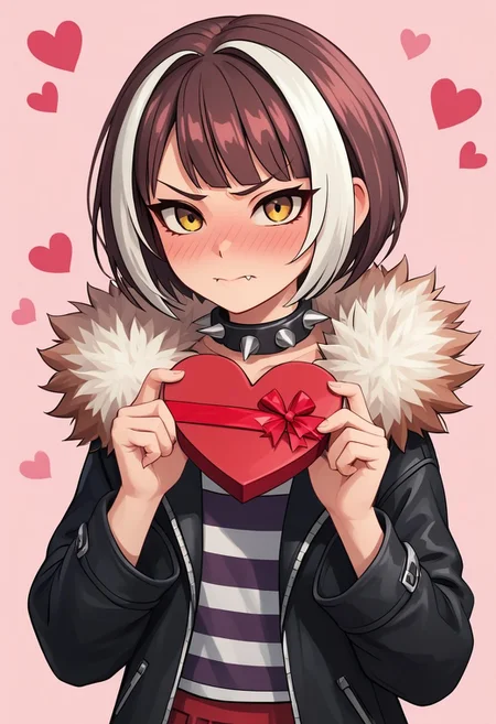 score_4,score_5,score_6,score_7_up,score_8_up,score_9
((masterpiece,best quality,ultra detailed,highres,HD,4k:1.2)),
1girl,solo,streaked hair,short hair,bob cut,bangs,multicolored hair,red and white hair,fang,brown eyes,  jacket,spikes,collar,fur trim,spiked collar,striped shirt,black jacket,shirt,studded collar,red skirt,short skirt,
happy Valentine, Valentine chocolate, holding Valentine chocolate, giving chocolate to the viewer, Worried brow,
light background, valentine background, heart background,
embarrassed, blush, full face blush,closed mouth,