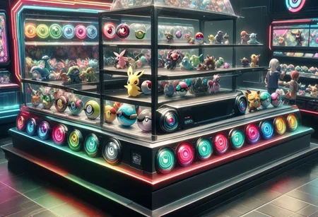 best quality, high resolution, a display stand for a pokemon trainer with details of pokemon and pokeballs, pet shop
