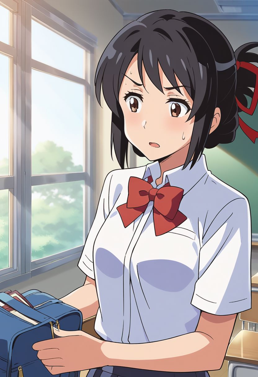 (masterpiece),mitsuha miyamizu,1girl, solo, shirt, black hair, bow, ribbon, brown eyes, school uniform, hair ribbon, white shirt, indoors, bowtie, bag, sweatdrop, red bow, red ribbon, book, window, classroom