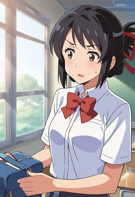 (masterpiece),mitsuha miyamizu,1girl, solo, shirt, black hair, bow, ribbon, brown eyes, school uniform, hair ribbon, white shirt, indoors, bowtie, bag, sweatdrop, red bow, red ribbon, book, window, classroom