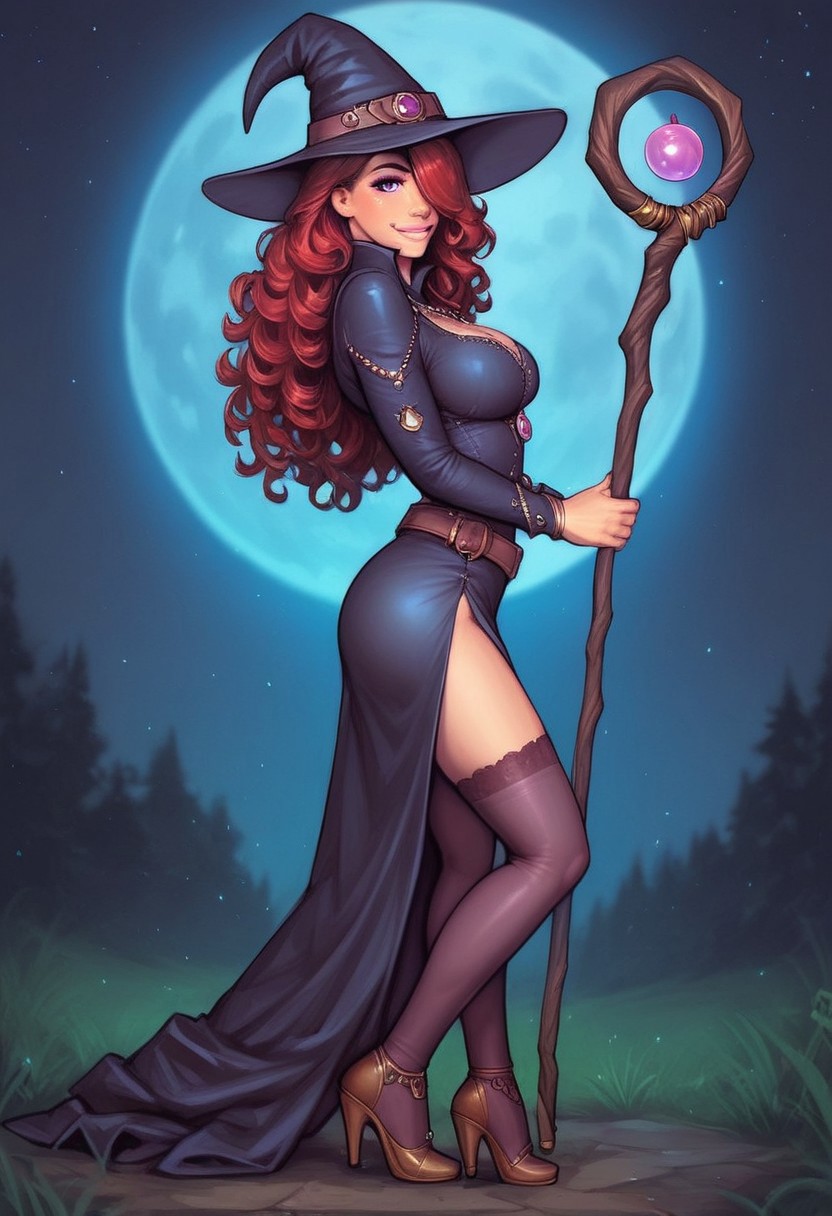 1girl, illustration, looking at viewer, highly detailed, skinny, looking at viewer, 1girl, masterpiece, best quality, ((((side view)))), source_photo, source_real, 1girl, solo, long hair, breasts, looking at viewer, witch skirt, witch hat, black hair, thighhighs, jewelry, purple eyes,  belt, necklace, mole, lips,  wavy hair, side slit, long skirt, realistic, ((long legs)), curvy hips, dynamic pose
BREAK
slight smile, looking at viewer, ((a staff with a luminous top:1.3))
long hair, red hair, hair over one eye, big hair, dynamic pose, best quality, depth of field, bokeh, (((full clothed))),
BREAK 
((night, outdoors, sky, full moon background)) score_9, score_8_up, score_7_up, score_6_up, source_cartoon, rating_explicit, Expressiveh, ((((full body))))), dynamic pose, dynamic pose