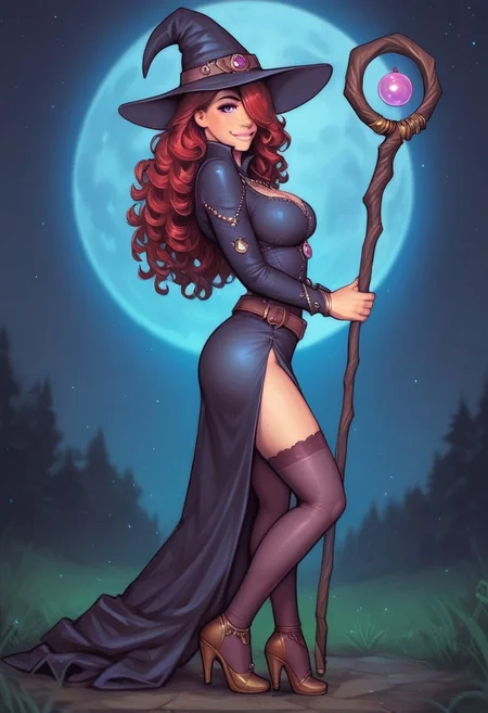 1girl, illustration, looking at viewer, highly detailed, skinny, looking at viewer, 1girl, masterpiece, best quality, ((((side view)))), source_photo, source_real, 1girl, solo, long hair, breasts, looking at viewer, witch skirt, witch hat, black hair, thighhighs, jewelry, purple eyes, belt, necklace, mole, lips, wavy hair, side slit, long skirt, realistic, ((long legs)), curvy hips, dynamic pose
BREAK
slight smile, looking at viewer, ((a staff with a luminous top:1.3))
long hair, red hair, hair over one eye, big hair, dynamic pose, best quality, depth of field, bokeh, (((full clothed))),
BREAK
((night, outdoors, sky, full moon background)) score_9, score_8_up, score_7_up, score_6_up, source_cartoon, rating_explicit, Expressiveh, ((((full body))))), dynamic pose, dynamic pose